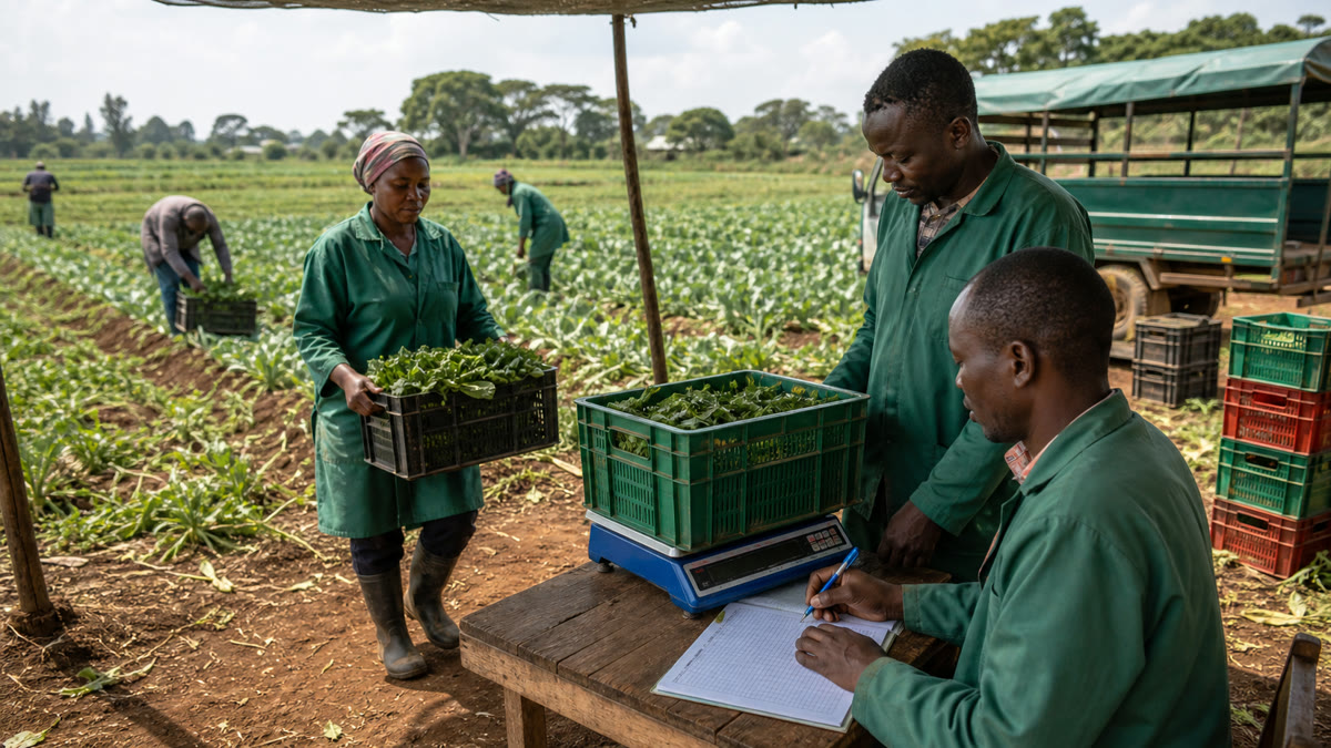Kenyan crop farm team weighing and recording harvest from a field