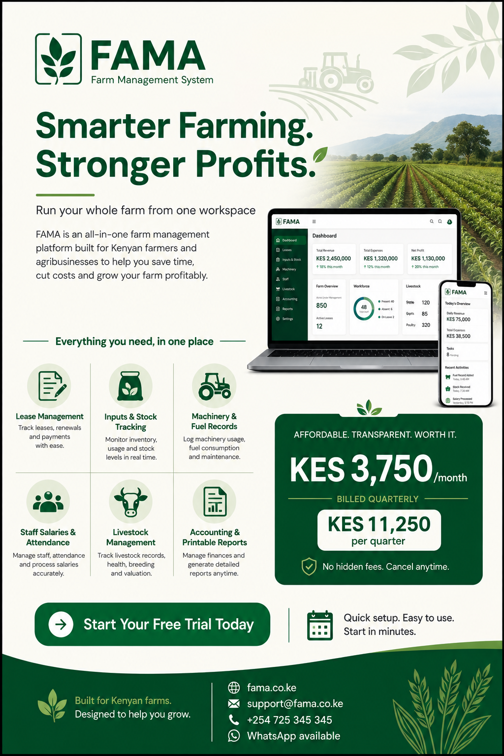 Cheapest farm management system Kenya: FAMA offers affordable, all-in-one software for leases, livestock, staff, and accounting