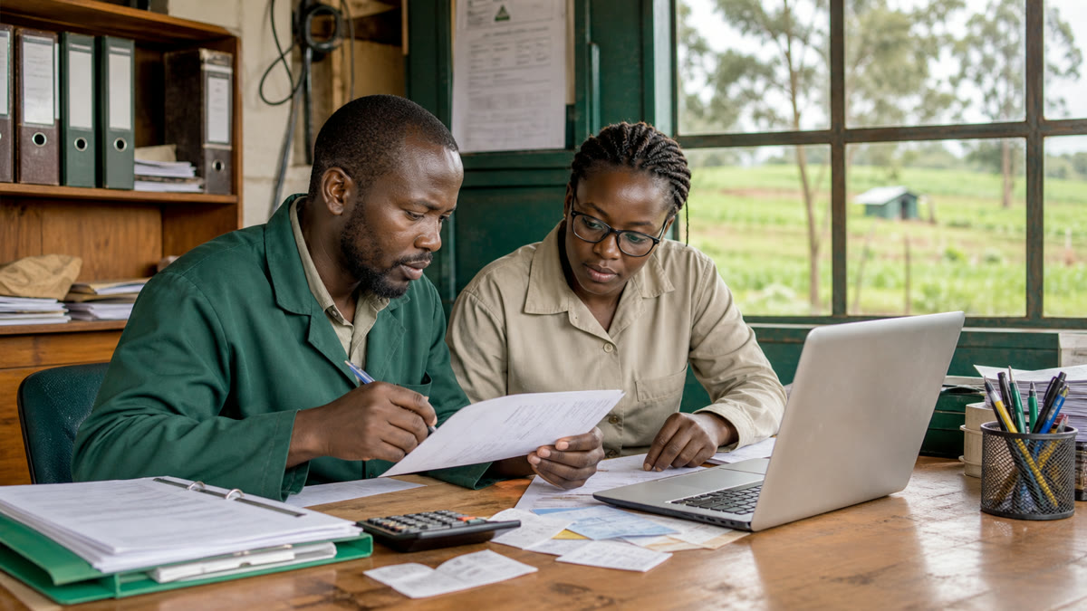 Kenyan farm accountant reconciling expenses, sales and stock records