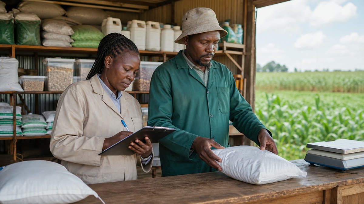 Kenyan farm store team checking fertilizer, seed and spare-parts inventory