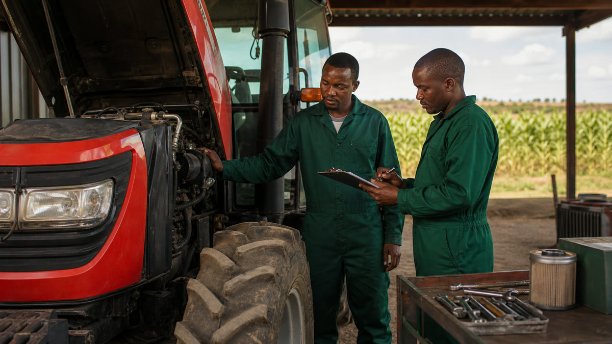 Kenyan farm manager and mechanic reviewing tractor service and fuel records