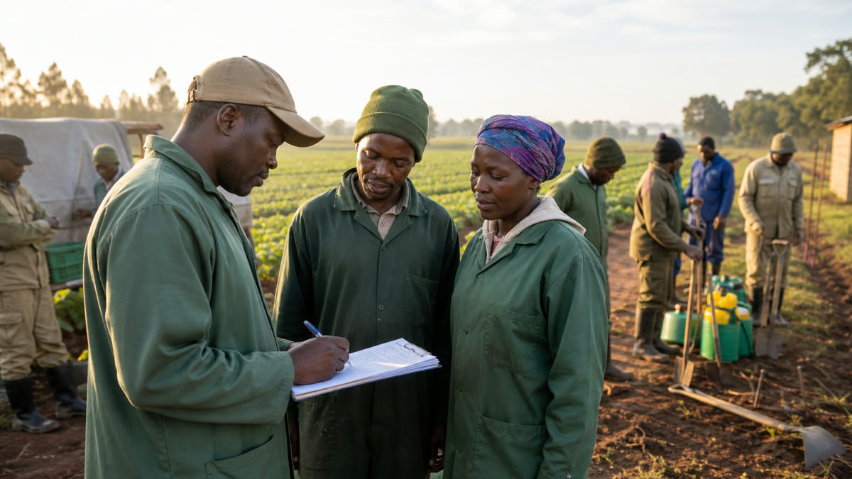 Kenyan farm supervisor recording worker attendance before field work