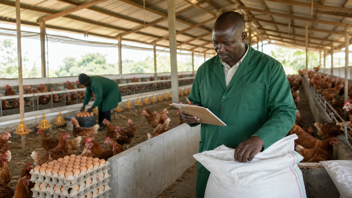 Kenyan poultry manager checking flock feed and egg production records