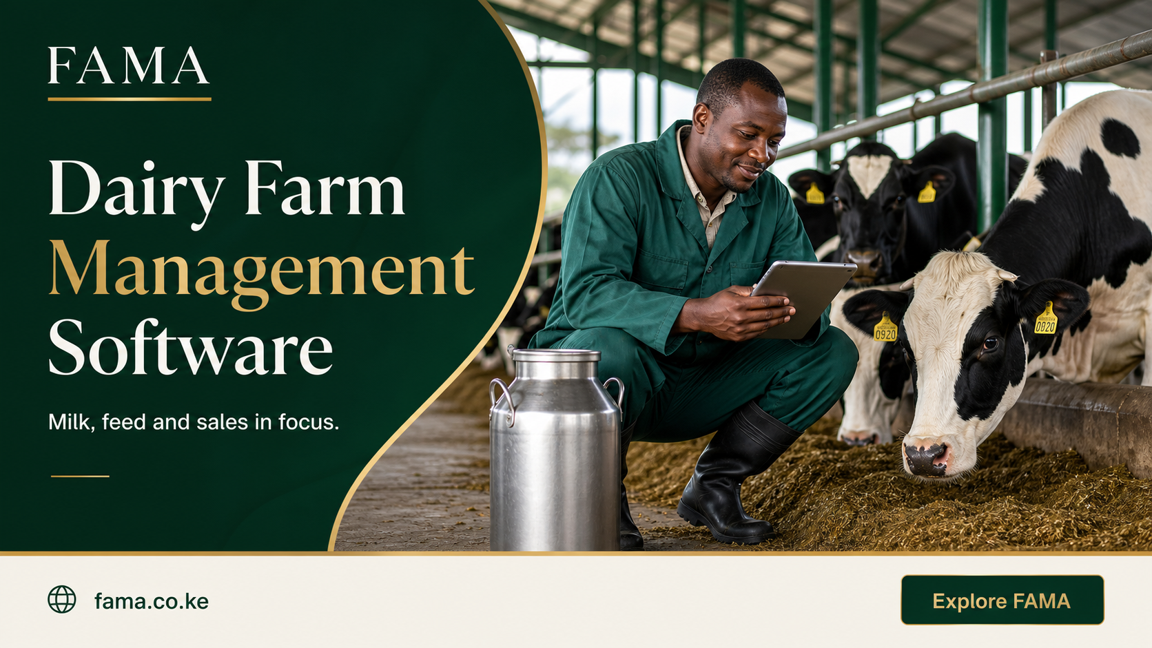 Dairy Farm Management Software — Dairy worker reviewing a tablet beside cows and a milk can