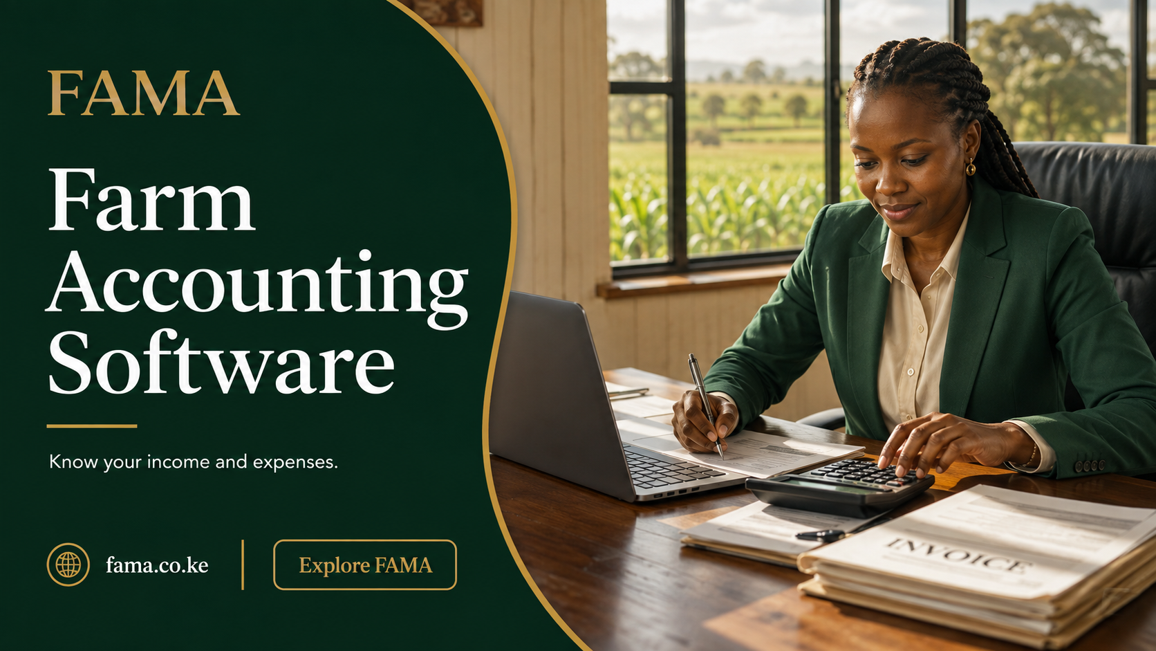 Farm Accounting Software — Farm accountant checking invoices and a calculator