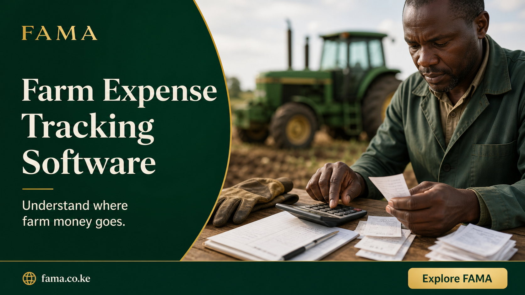 Farm Expense Tracking Software — Farm owner checking receipts and a calculator