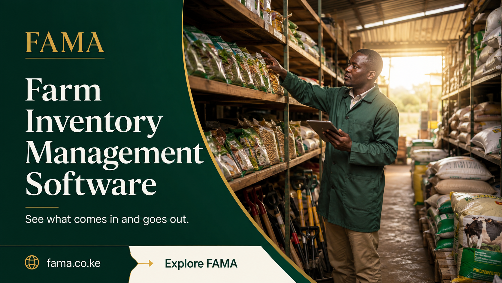 Farm Inventory Management Software — Storekeeper checking stocked farm shelves