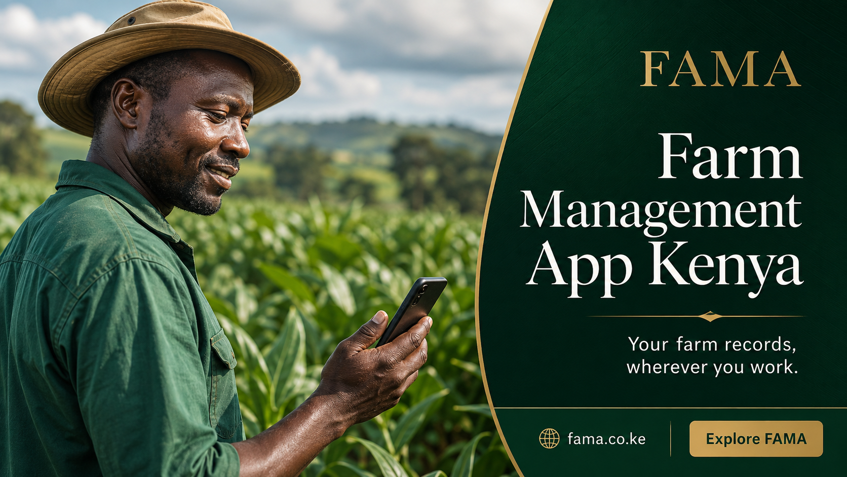 Farm Management App Kenya — Farmer using a smartphone in a green field