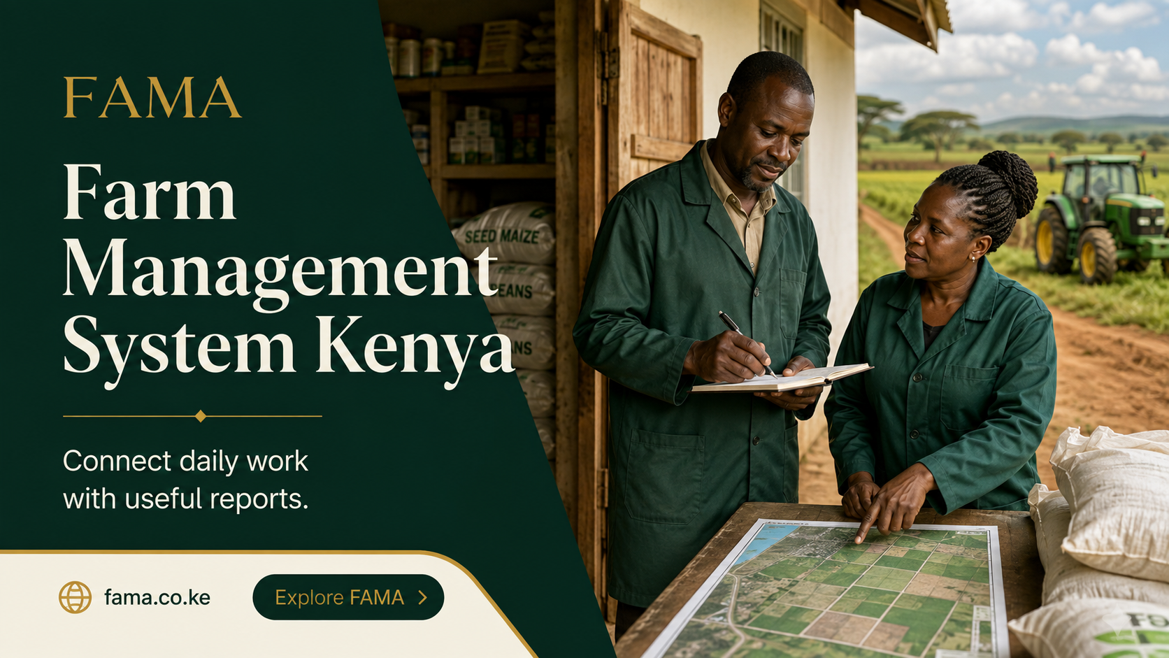 Farm Management System Kenya — Farm team coordinating records beside a field map
