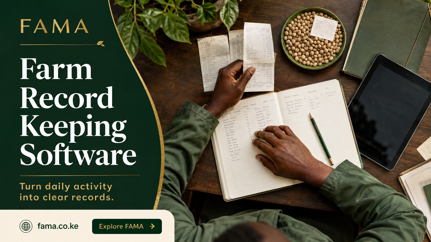 Farm Record Keeping Software — Hands organizing farm receipts and a notebook beside a tablet