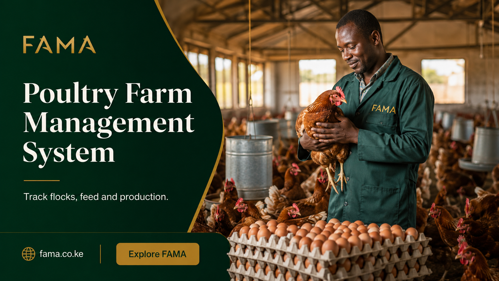 Poultry Farm Management System — Poultry keeper holding a hen beside egg trays